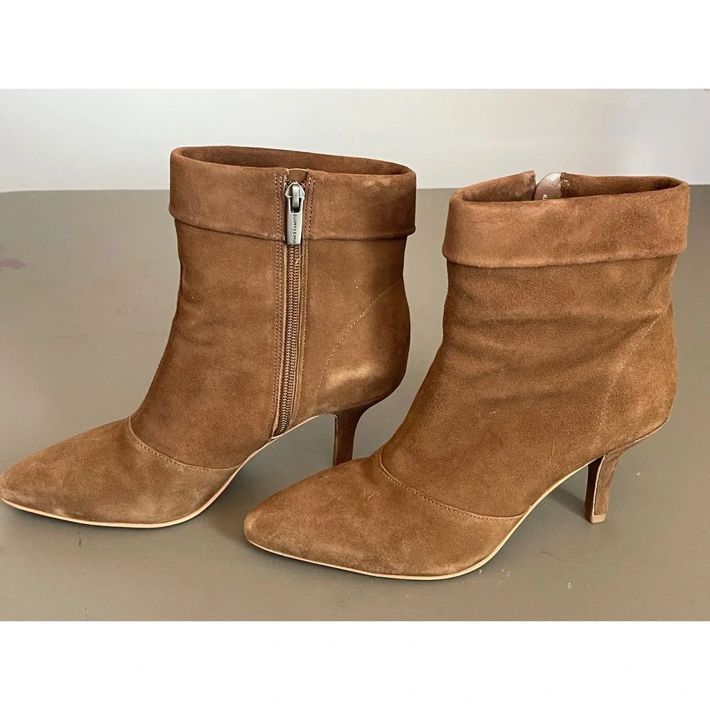 Vince Camuto Brown Suede Pointed Toe Kitten Heel Ankle Booties Fold Over Cuff